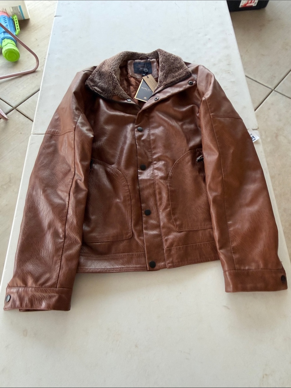 NWT Marc Asher Men's Brown Faux Leather Bomber Jacket with Sherpa Collar